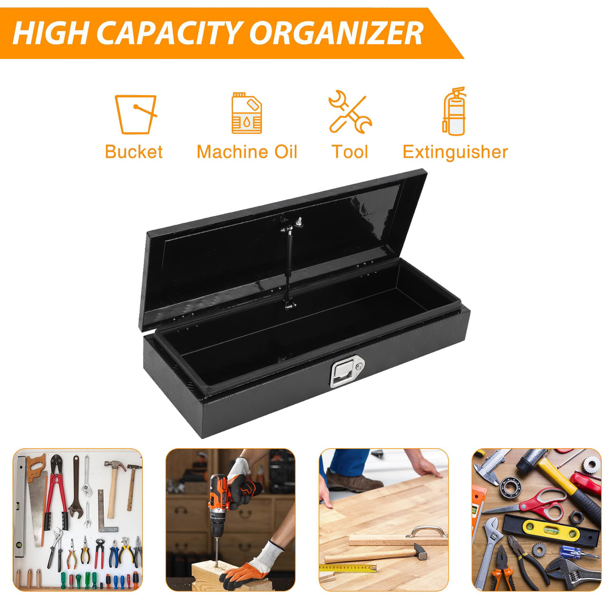 Garvee Coffre à outils plat en aluminium 88 × 33 × 17 cm avec tôle antidérapante à 5 barres pour remorque, fourgon et utilitaire, noir