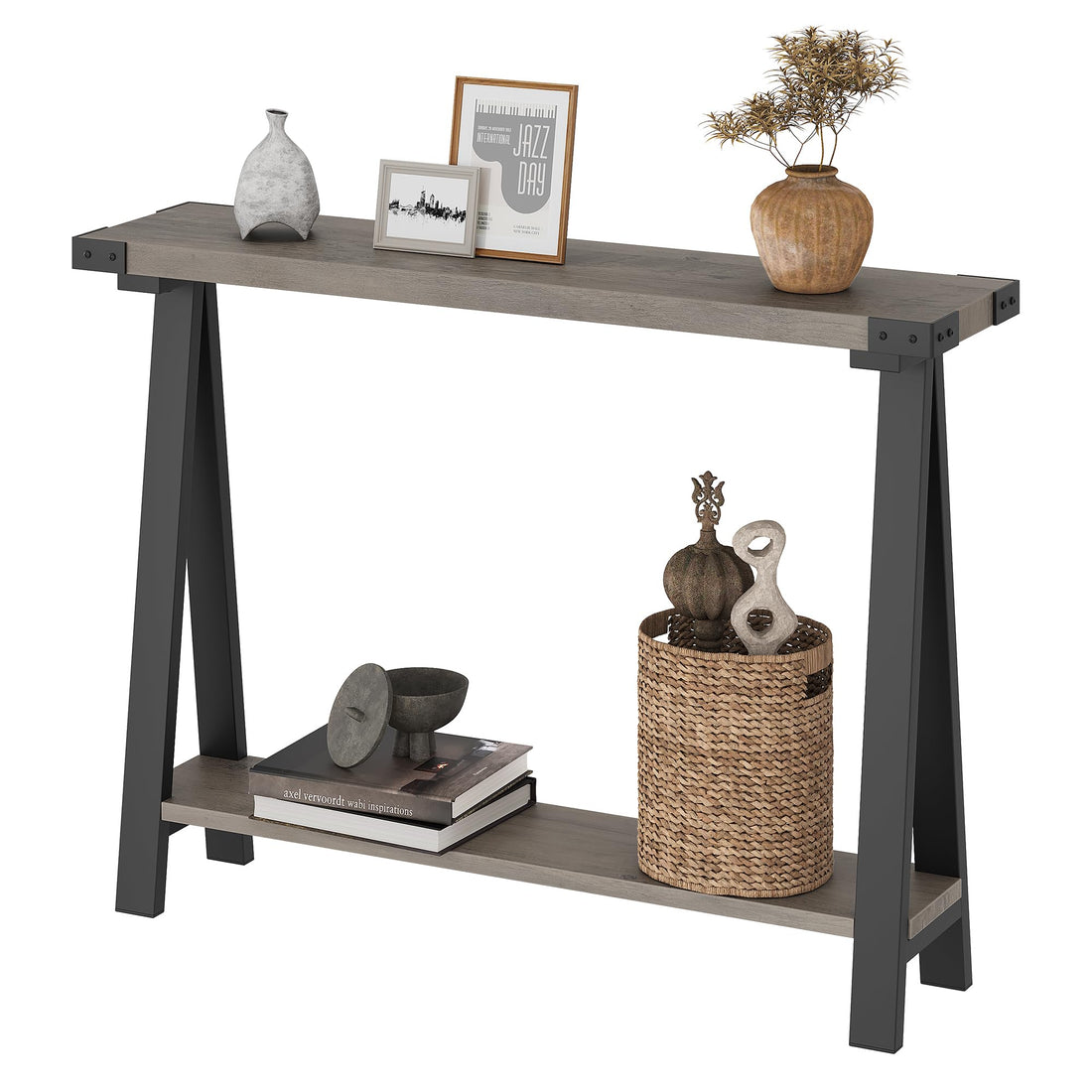 Console Garvee pour entrée avec rangement à 2 niveaux, étroite (110 x 21 x 80 cm), bois et métal, pieds en forme de R, idéale pour le salon et l'entrée, montage facile.