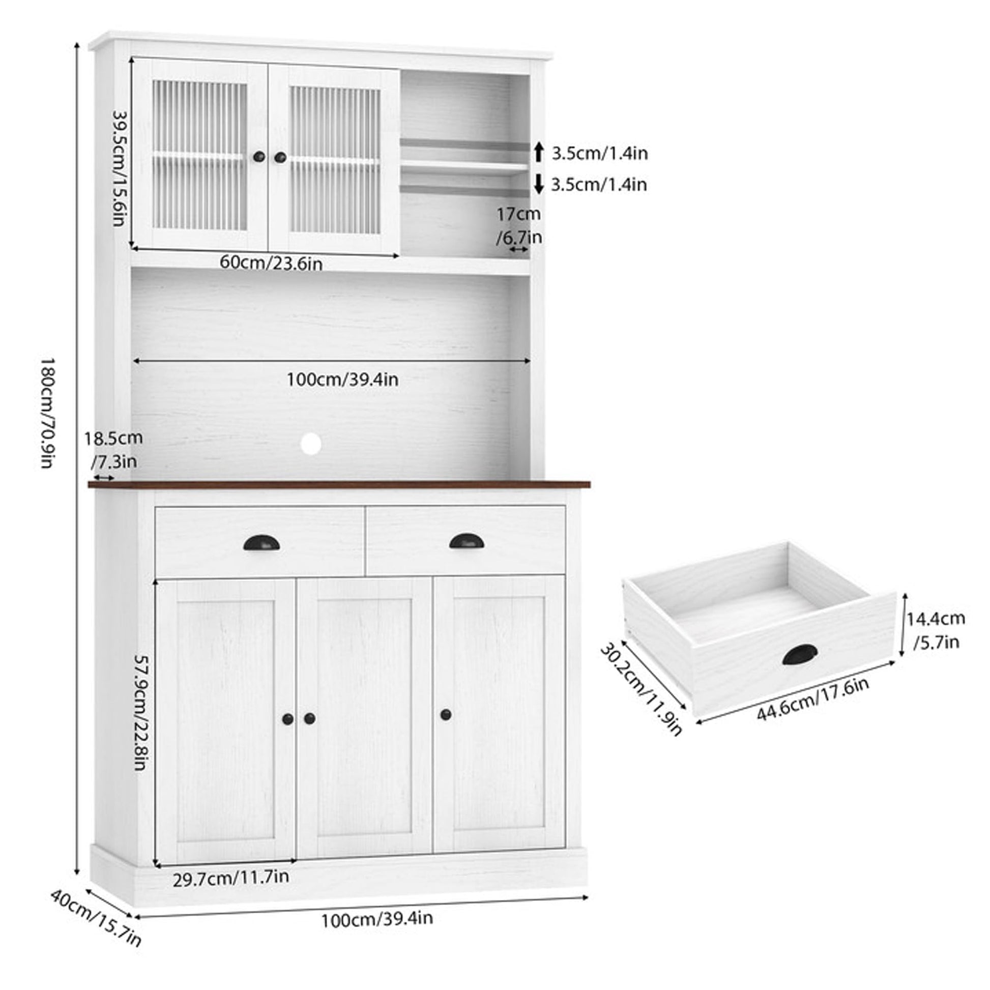 Meuble de cuisine Garvee avec tiroirs et étagères réglables, garde-manger de 180 cm de haut pour cuisine et salle à manger, en panneaux de particules haute densité, blanc