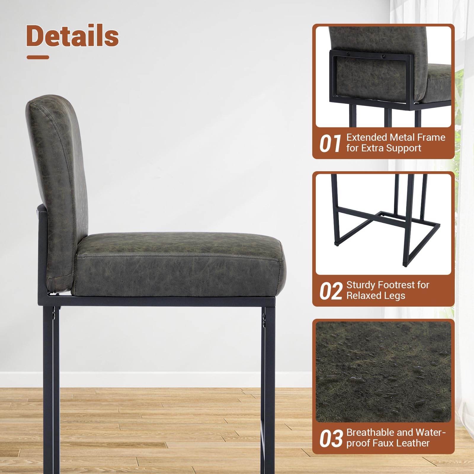 Ensemble de 2 tabourets de bar Garvee 24 po, cuir PU, ergonomiques et stables, structure en métal, repose-pieds, gris, pour îlot de cuisine et bar, hauteur 34-38 po