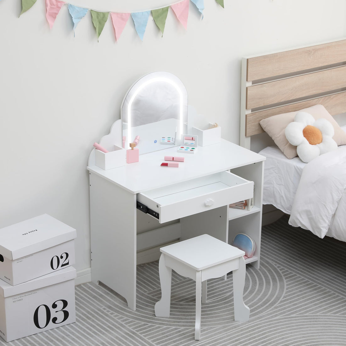 Coiffeuse Garvee pour enfants avec miroir lumineux et tabouret pour filles de 3 à 9 ans, MDF, blanc, éclairage LED, grand espace de rangement