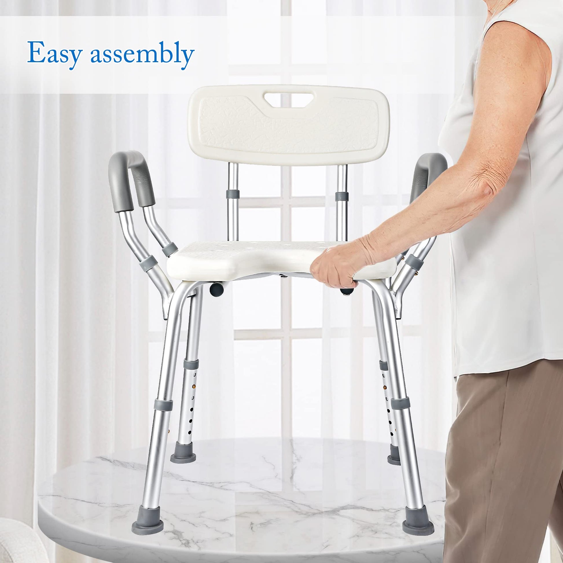 GARVEE Siège de douche en U avec dossier et accoudoirs réglables, structure aluminium, assise antidérapante, pour seniors, PMR et salle de bain, argenté