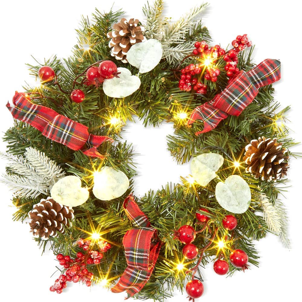 Couronne de Noël GARVEE 45 cm avec 15 lumières LED, pommes de pin et baies pour décorer portes et fenêtres, matériaux naturels, style champêtre festif