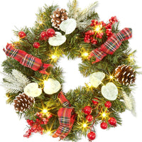 Couronne de Noël GARVEE 45 cm avec 15 lumières LED, pommes de pin et baies pour décorer portes et fenêtres, matériaux naturels, style champêtre festif
