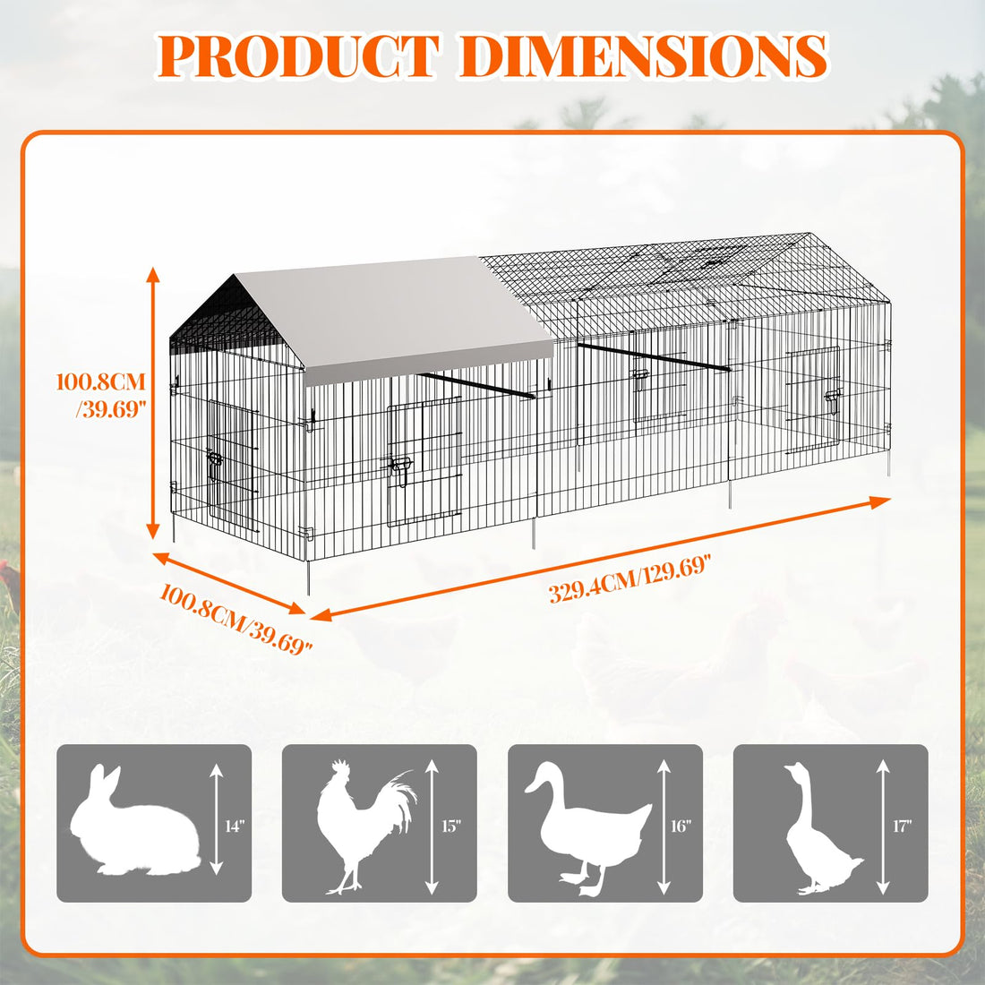 Garvee Poulailler 100 × 330 × 100 cm en acier galvanisé, 3 compartiments et 4 portes, enclos pour poules et lapins