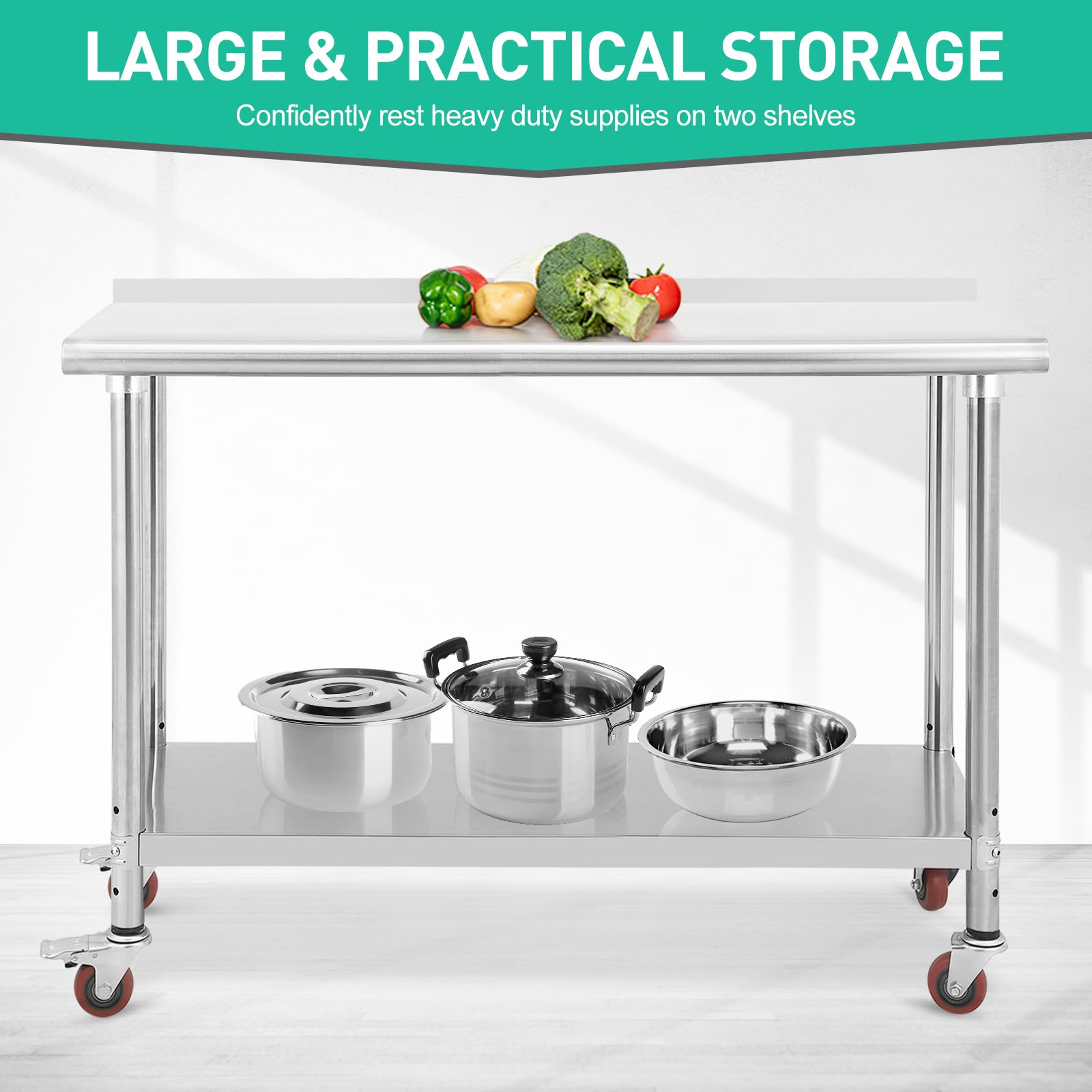 Table de travail Garvee en acier inoxydable – 152×61×89 cm, avec roulettes et protection anti-éclaboussures, robuste pour une utilisation commerciale et en cuisine