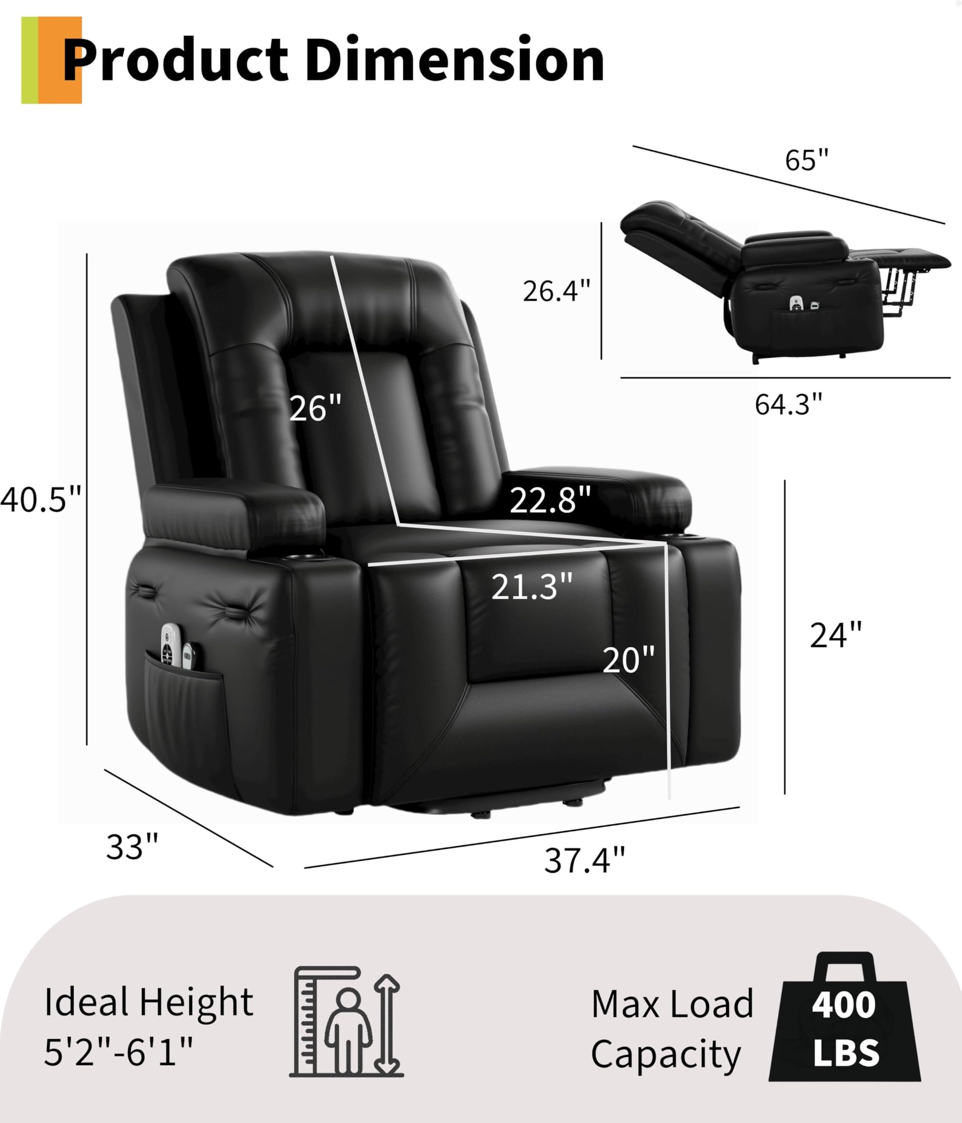 Fauteuil releveur électrique Garvee avec fonction chauffante et massante, revêtement en similicuir, pour seniors, salon, 98 x 95 x 103 cm, noir