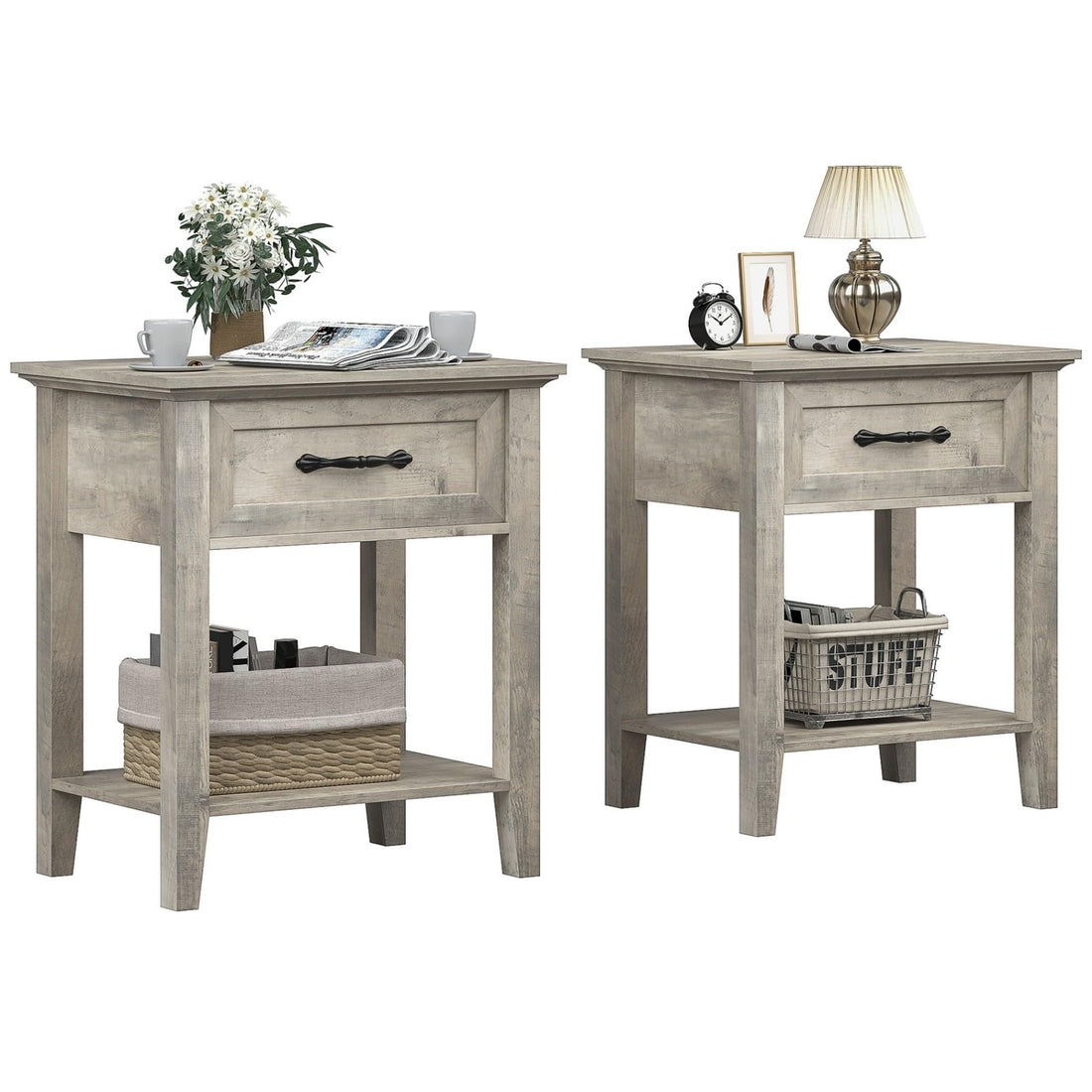 Ensemble de 2 tables de chevet Garvee grises avec tiroir, 2 niveaux de rangement, bois robuste, pour chambre et salon, 50 x 40 x 60 cm, gris