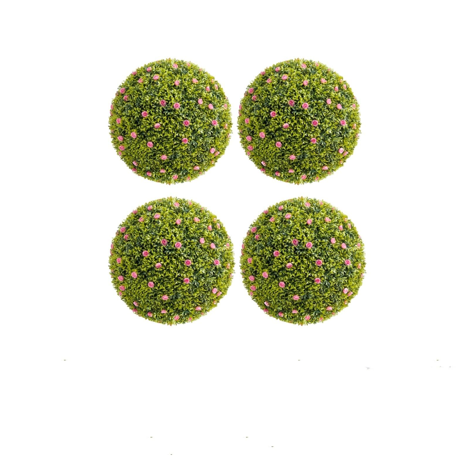 Ensemble de 4 boules de buis artificiel Garvee de 32 cm avec fleurs roses, pour balcon et jardin. Résistantes aux UV, sans entretien, en polyéthylène (PE), vert et rose.