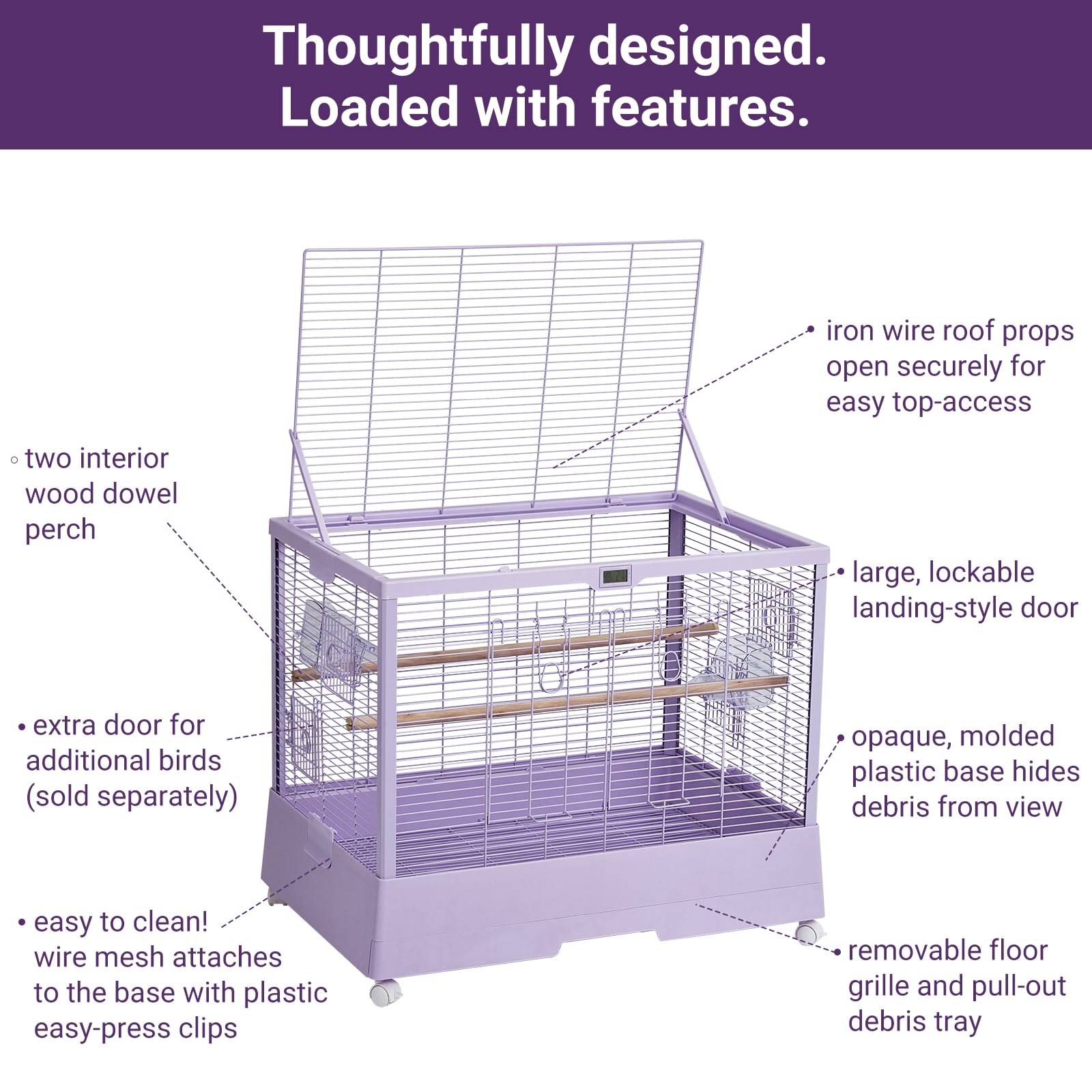 Cage à oiseaux Garvee 71 cm avec thermo-hygromètre, mobile et stable, robuste, 2 portes, 4 roues, pour perruches ondulées, 71 x 46 x 58 cm, noire