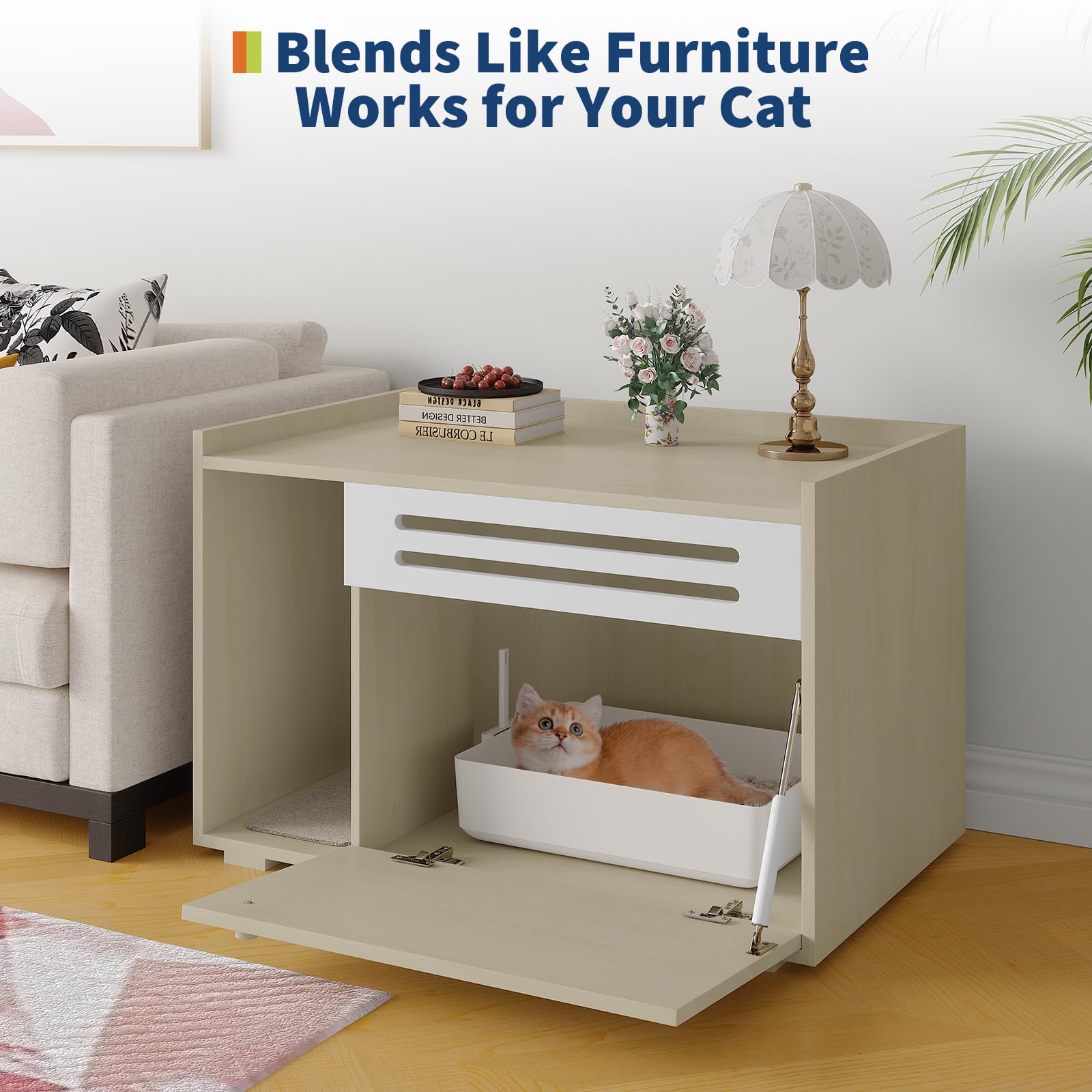 Bac à litière Garvee Hideaway avec ventilation, porte à charnières, en bois, idéal pour le salon et la chambre, design moderne, contrôle des odeurs, nettoyage facile