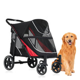 Garvee Poussette pour chien de grande taille, roues tout-terrain 28 cm, portes doubles, tissu Oxford 600D, freins, pliage rapide, promenade et visites chez le vétérinaire, 112 × 65 × 100 cm, rouge