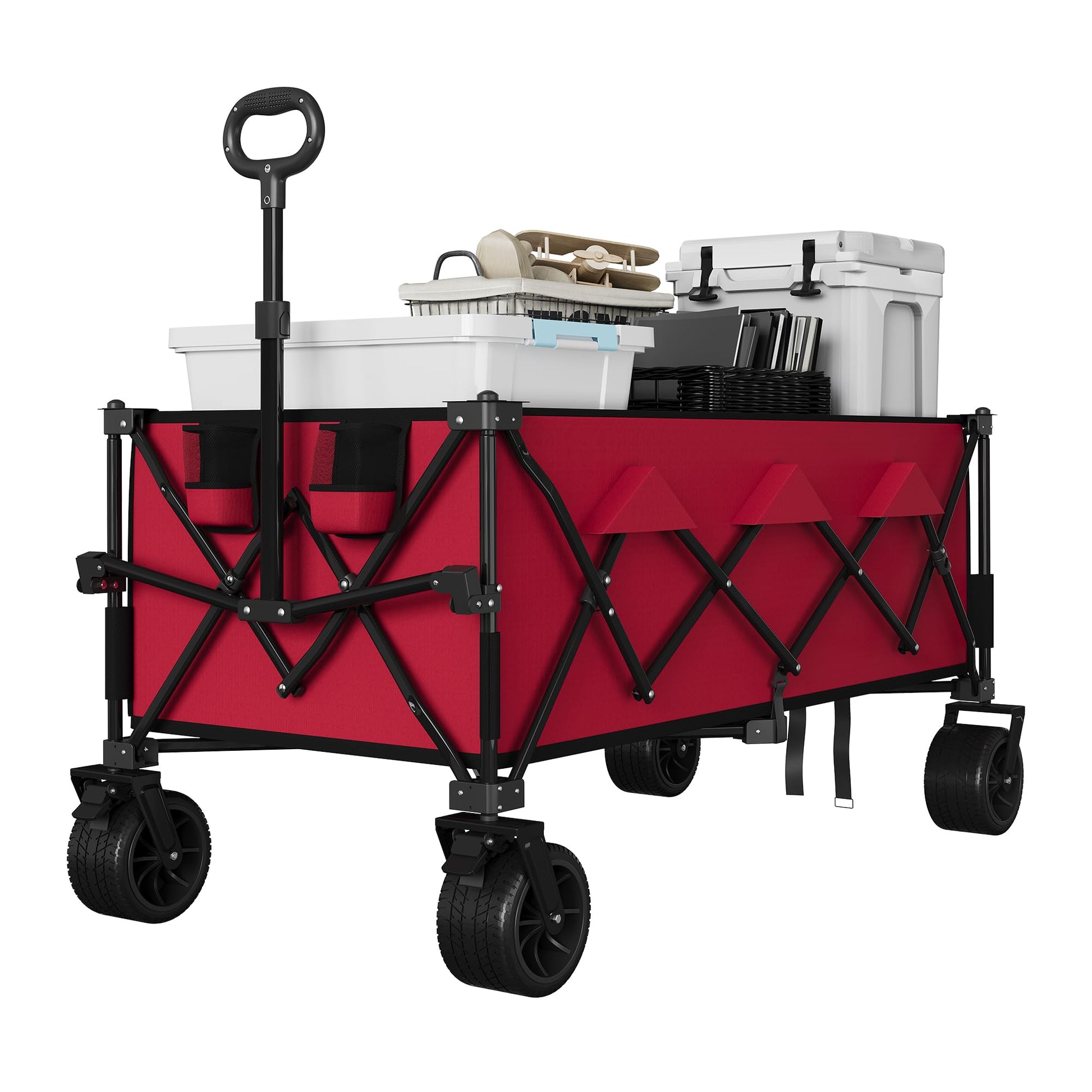 Chariot de plage pliable Garvee avec roues tout-terrain, 18 cm, cadre en acier, capacité de charge de 159 kg, porte-gobelet, 137 x 73 x 107 cm, plage et extérieur, pliable, bleu
