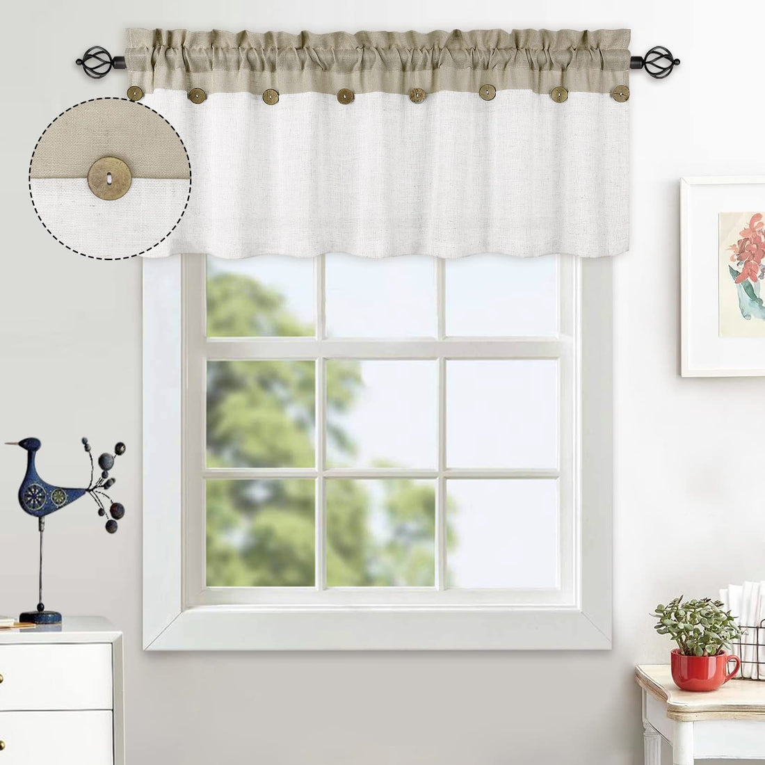 Rideau court patchwork Garvee Vitrage avec boutons décoratifs, semi-transparent, beige, 132 x 38 cm, pour cuisine