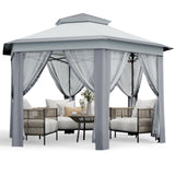 Garvee Tonnelle pop-up hexagonale 4 × 4 m, moustiquaires, toile résistante aux UV et structure acier gris pour jardin et terrasse - Gris