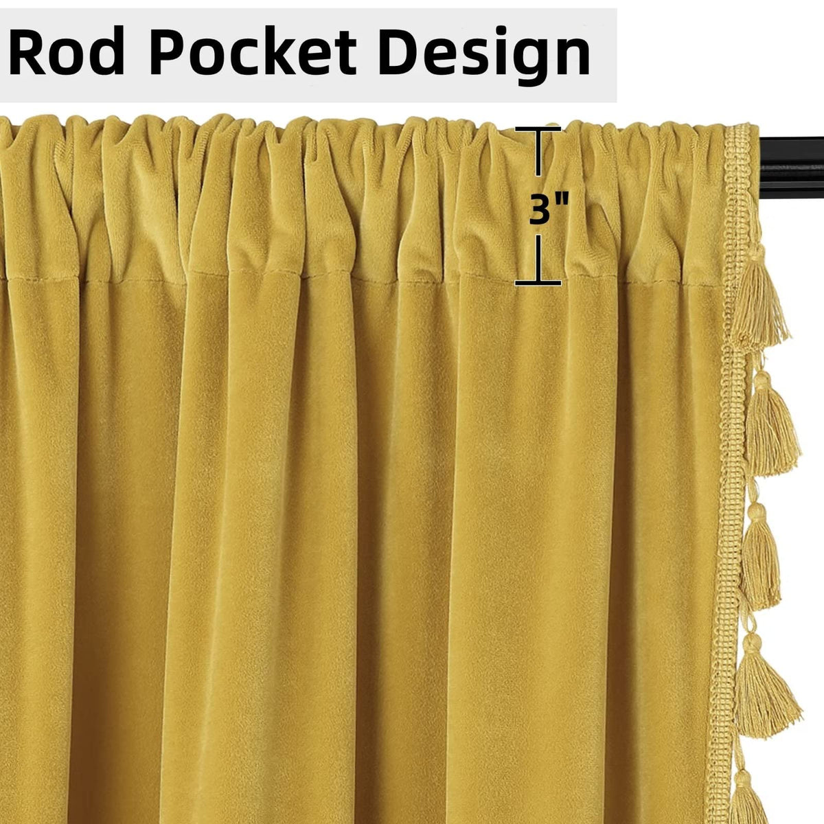 Rideaux Garvee en velours jaune 107 x 244 cm, occultants et insonorisants, 100 % polyester, style bohème, à pompons, pour salon ou chambre.