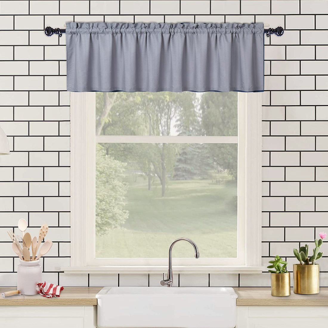 Rideaux de cuisine imperméables Garvee avec texture en relief, cantonnière courte, gris, 60 x 15 pouces, semi-transparents pour salle de bain et salon
