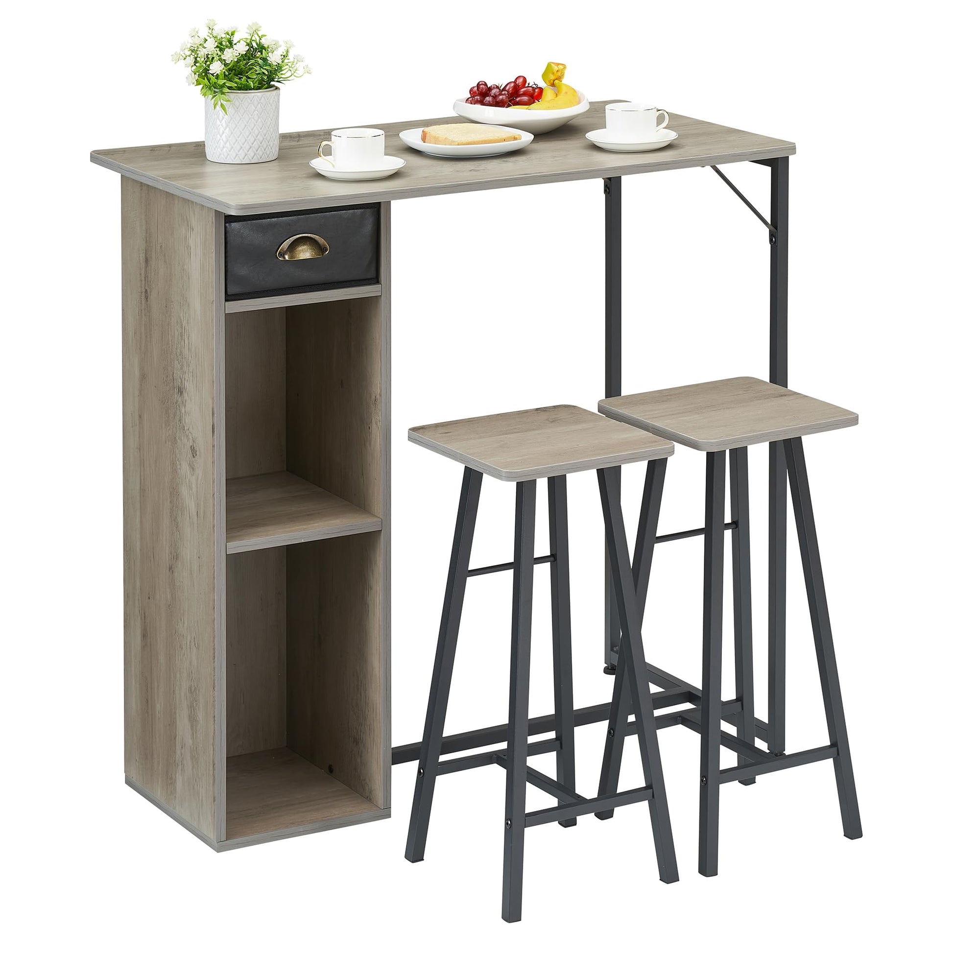 Ensemble table et chaises de bar rustiques Garvee, 3 pièces avec rangement, coussins ergonomiques, structure en métal, compact et imperméable. Idéal pour appartement et bar.