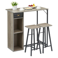 Ensemble table et chaises de bar rustiques Garvee, 3 pièces avec rangement, coussins ergonomiques, structure en métal, compact et imperméable. Idéal pour appartement et bar.