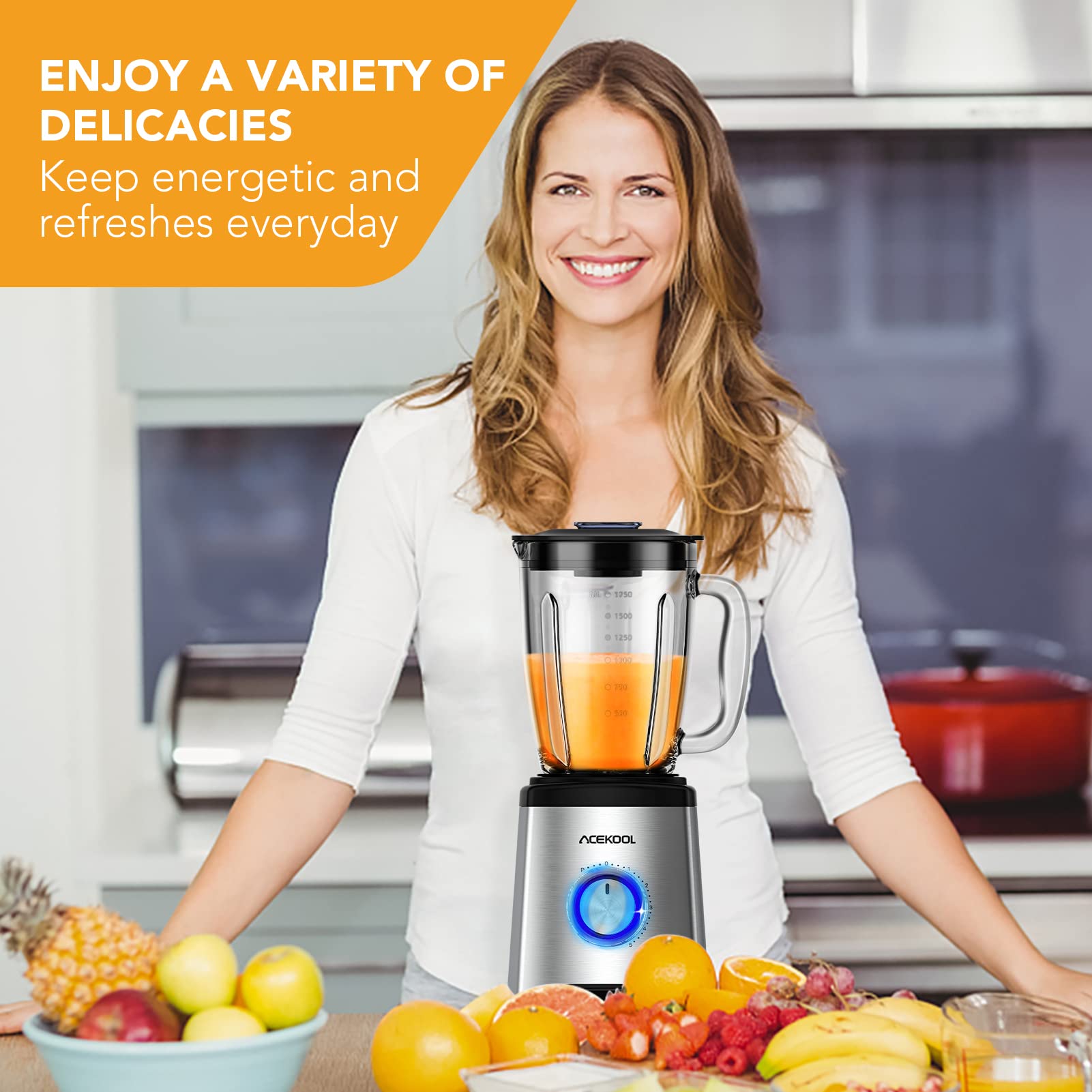 Robot pâtissier Garvee 800 W avec bol en verre de 1,75 L sans BPA, 6 lames en acier inoxydable, 5 vitesses, silencieux, noir