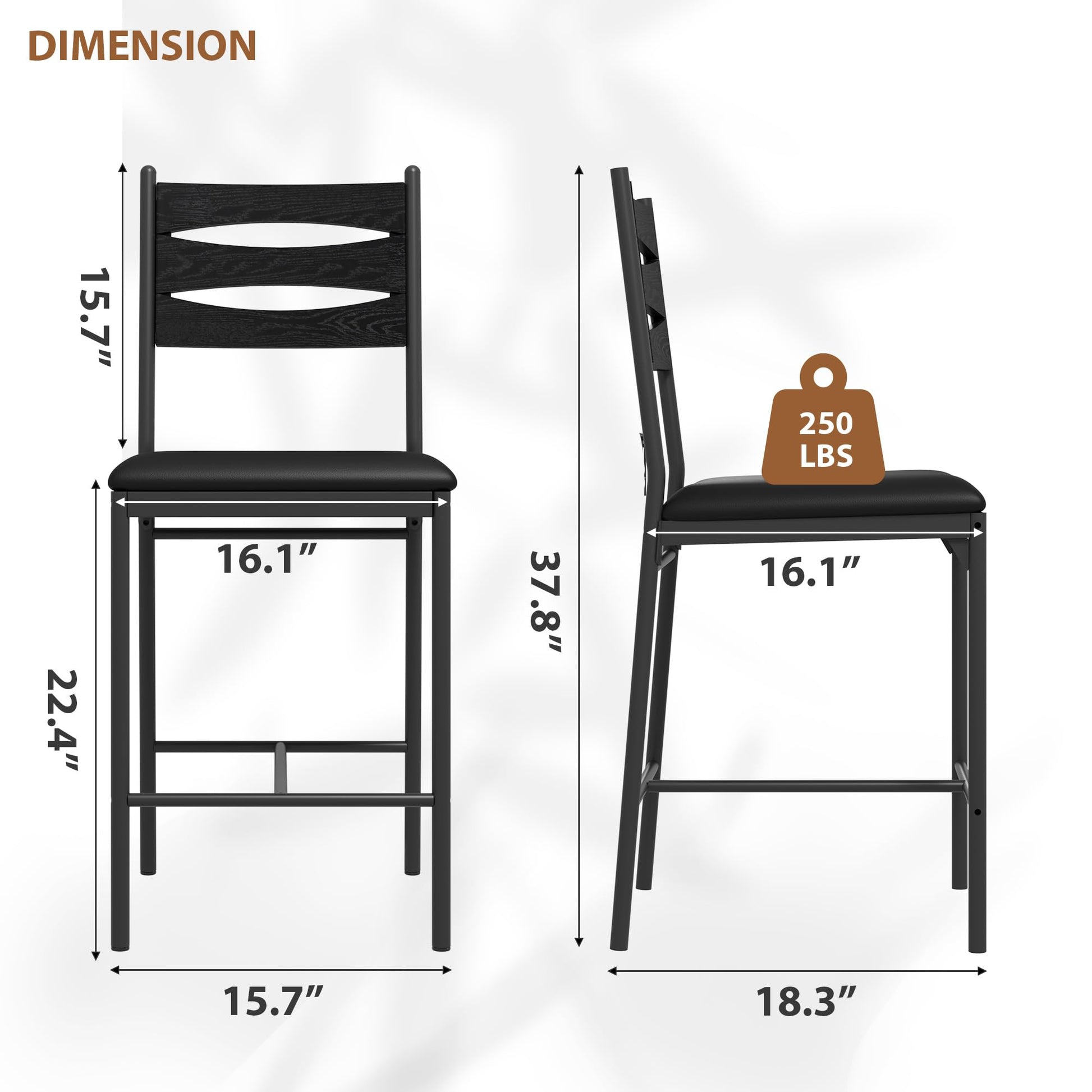 Ensemble de 2 tabourets de bar Garvee, en bois, assise et dossier rembourrés, revêtement en similicuir, repose-pieds, noir, pour îlot de cuisine et appartement