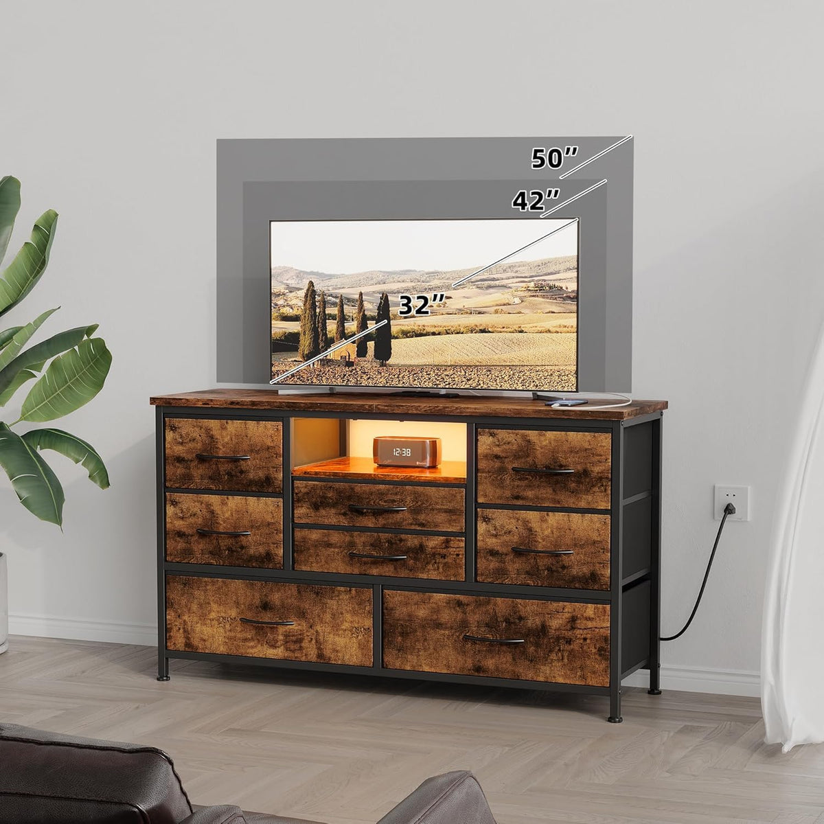 Garvee commode à 8 tiroirs, avec prise et éclairage LED, meuble multifonctionnel pour la chambre et le salon, buffet robuste et durable, 120 × 36 × 75 cm