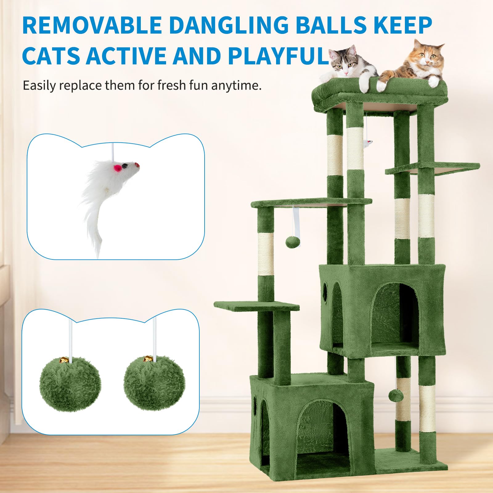 Garvee Tour pour Chat 155 cm Multi-Niveaux pour Grands Chats, Grande Plateforme, Usage Intérieur, Vert