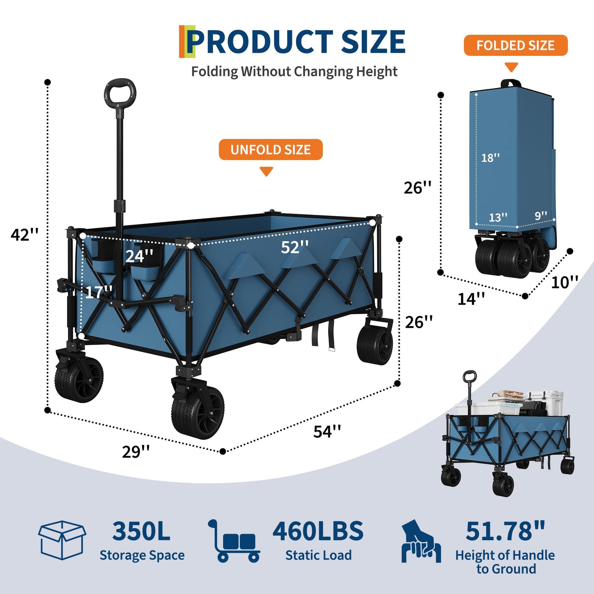 Chariot de plage pliable Garvee avec roues tout-terrain, cadre en acier, capacité de charge de 159 kg, roues de 18 cm, porte-gobelet, 137 x 73 x 107 cm, plage et extérieur, pliable, robuste
