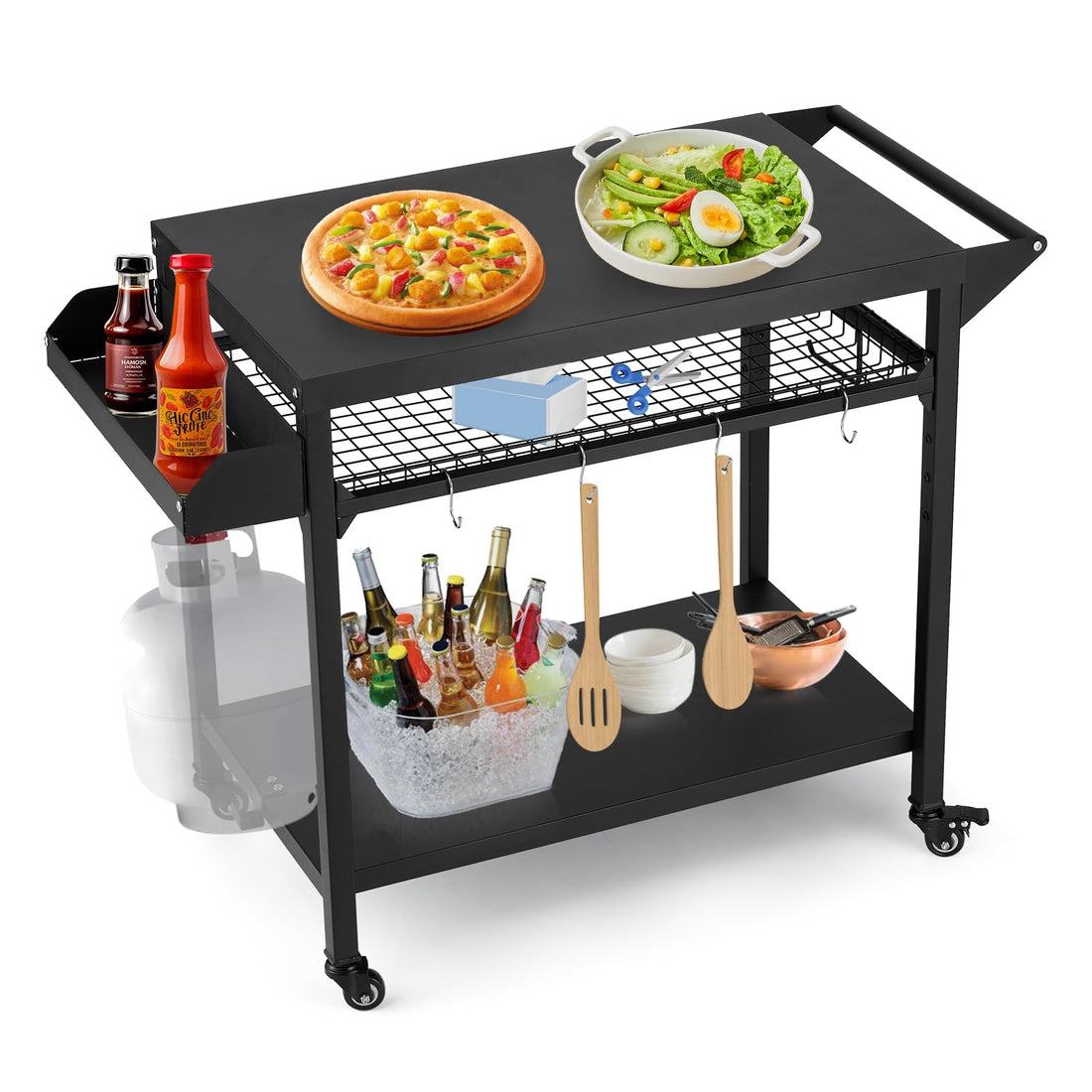 Chariot de barbecue d'extérieur Garvee avec support pour four à pizza, étagères en maille réglables, acier thermolaqué, 4 roues, jardin et camping, 105 x 50 x 81 cm, noir