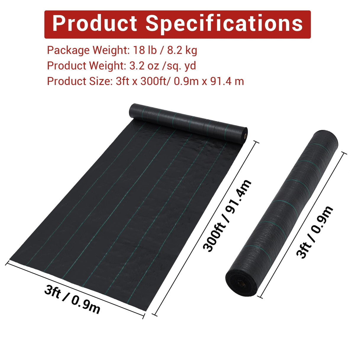Toile de paillage Garvee 3 x 300 pi, toile paysagère robuste 3,24 oz, polypropylène, protection pour jardin, serre et plates-bandes, noir