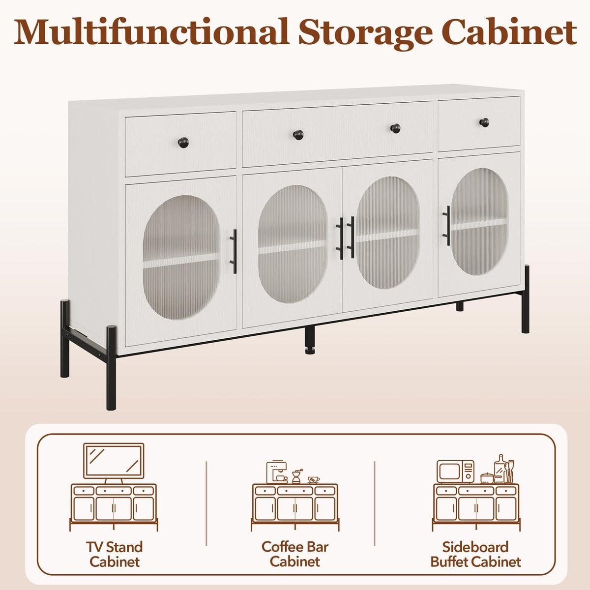 Buffet Garvee 62'' avec rangement, 3 tiroirs, 4 portes vitrées cannelées pour cuisine et salle à manger, bois et métal, robuste et polyvalent