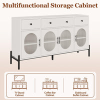Buffet Garvee 62'' avec rangement, 3 tiroirs, 4 portes vitrées cannelées pour cuisine et salle à manger, bois et métal, robuste et polyvalent