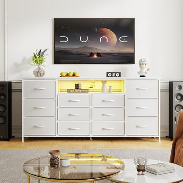 Meuble TV Garvee 63" pour téléviseurs de 65 à 75 pouces, avec 12 tiroirs, éclairage LED, revêtement en tissu, chargeur, étagères ouvertes, mobilier de salon moderne