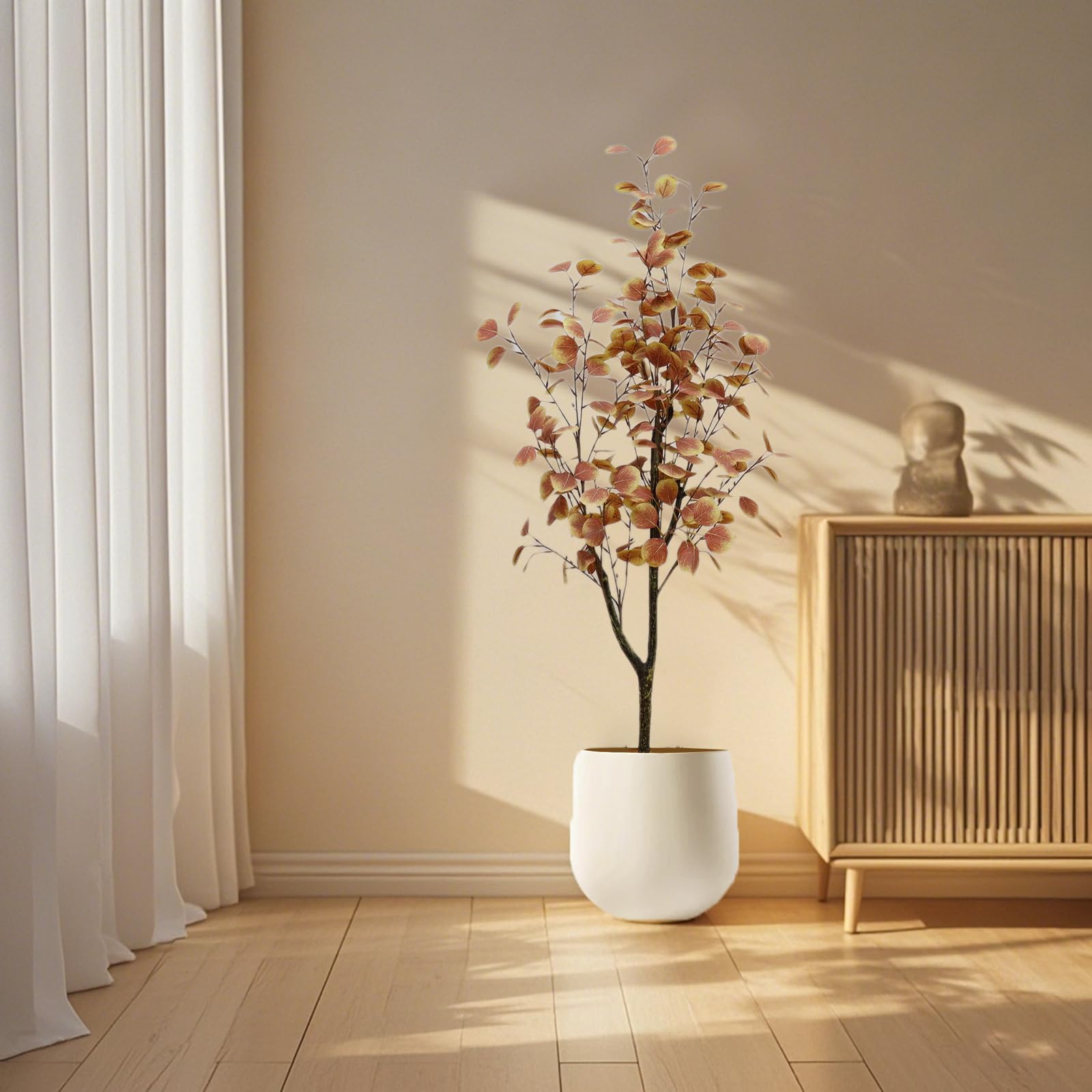 Eucalyptus artificiel Garvee de 120 cm avec pot en plastique pour décoration intérieure et extérieure, entretien facile, feuilles en soie, feuillage d'automne réaliste