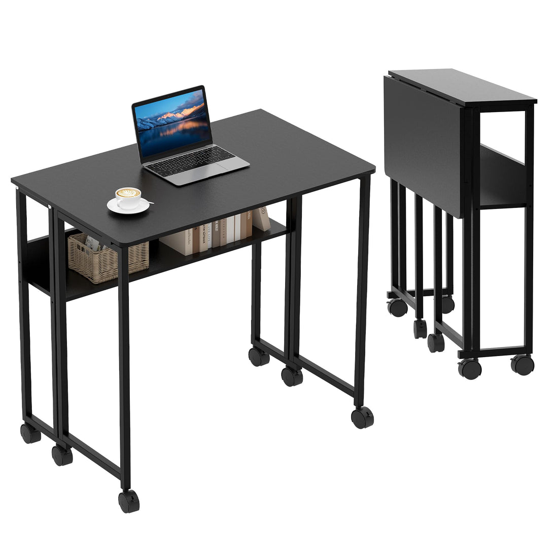 Table pliante compacte Garvee avec roulettes et étagère pour bureau à domicile et espace de travail, structure en acier de 63 cm (24,8 po), gain de place, mobile, noire