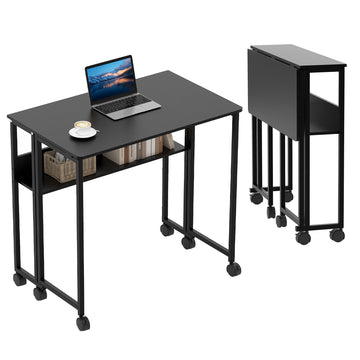 Table pliante compacte Garvee avec roulettes, bureau pliable de 80 cm (31,5 po), structure en acier, étagère de rangement, noire, idéale pour le bureau à domicile et les études.