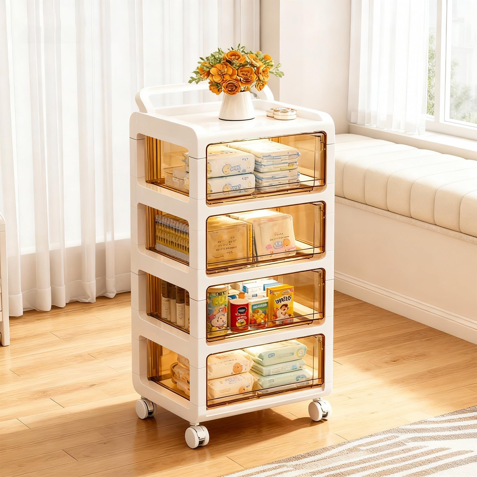 Organiseur mobile Garvee en plastique transparent, avec 4 tiroirs empilables, roulettes pivotantes à 360° avec frein, ergonomique et léger, idéal pour le bureau. Dimensions : 33 x 38 x 71 cm.