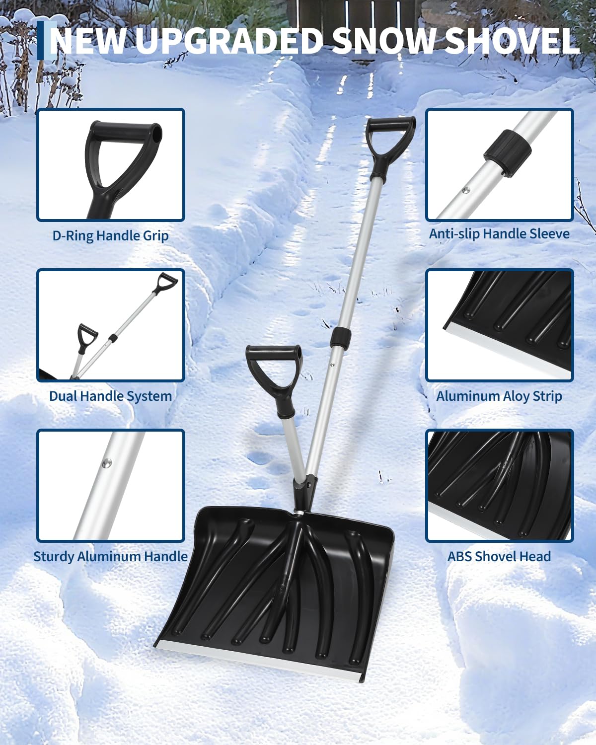 Pelle à neige Garvee 45,7 x 33 cm (18 x 13 pouces) avec manche ergonomique et léger en aluminium, lame en aluminium et anneau en D. Idéale pour les allées et les jardins.