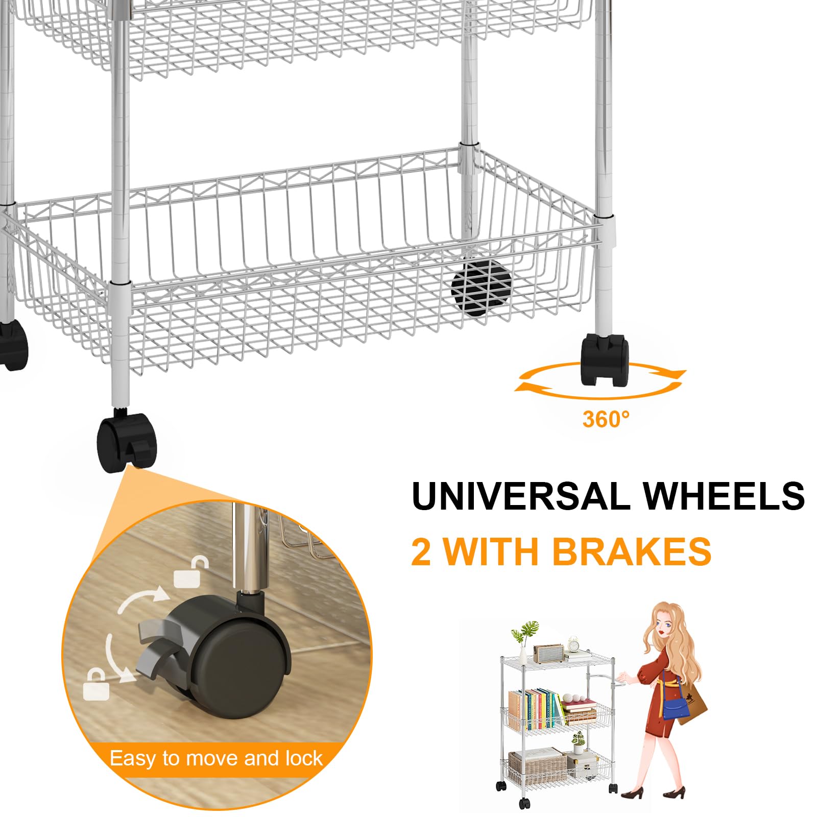 Garvee Chariot de rangement 3 niveaux à roulettes, étagères et paniers en métal chromé, avec poignées, pour cuisine, salle de bain, bureau et buanderie