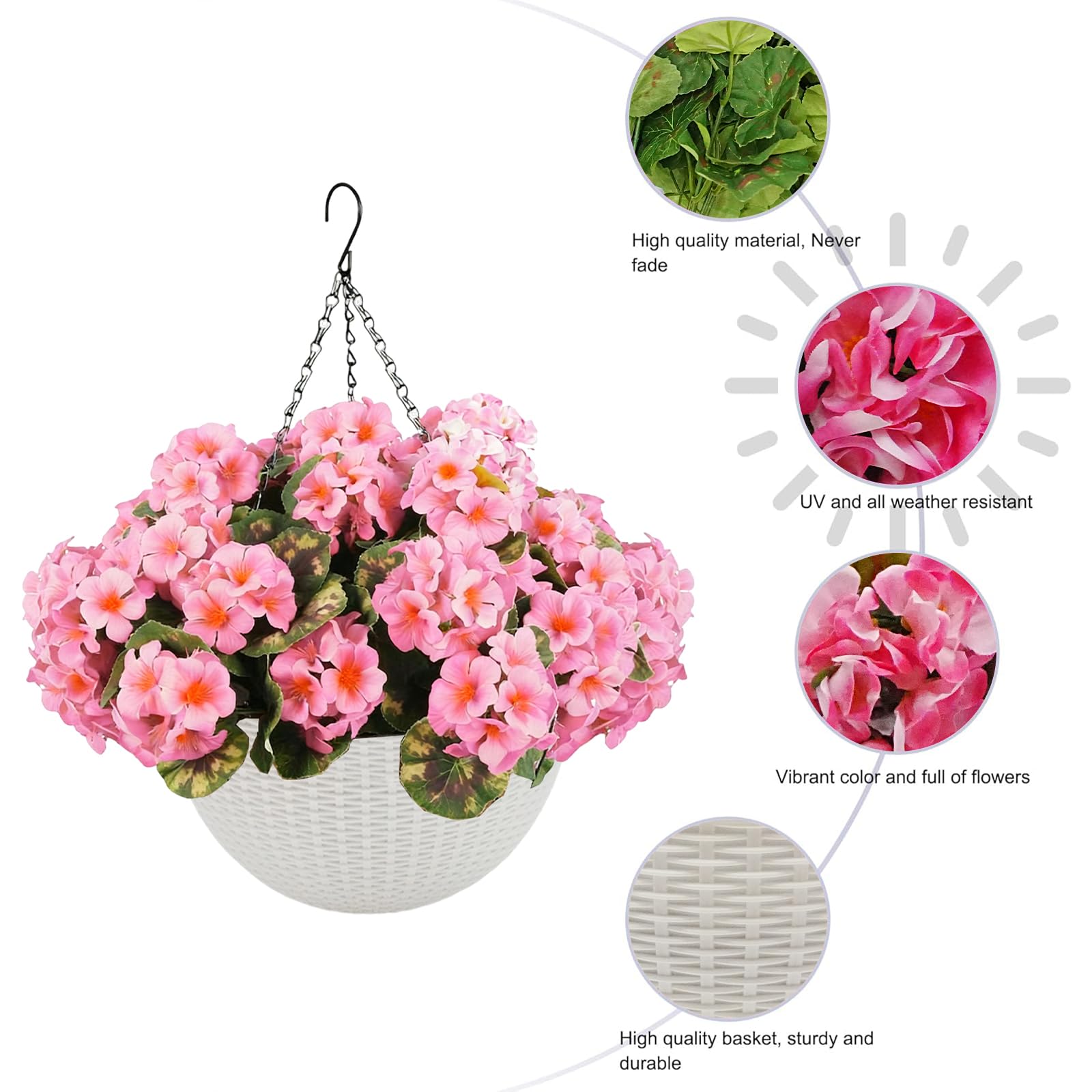 Garvee Lot de 2 géraniums artificiels avec 12 fleurs roses, résistants aux intempéries, panier blanc, à suspendre pour la décoration du jardin et de la terrasse