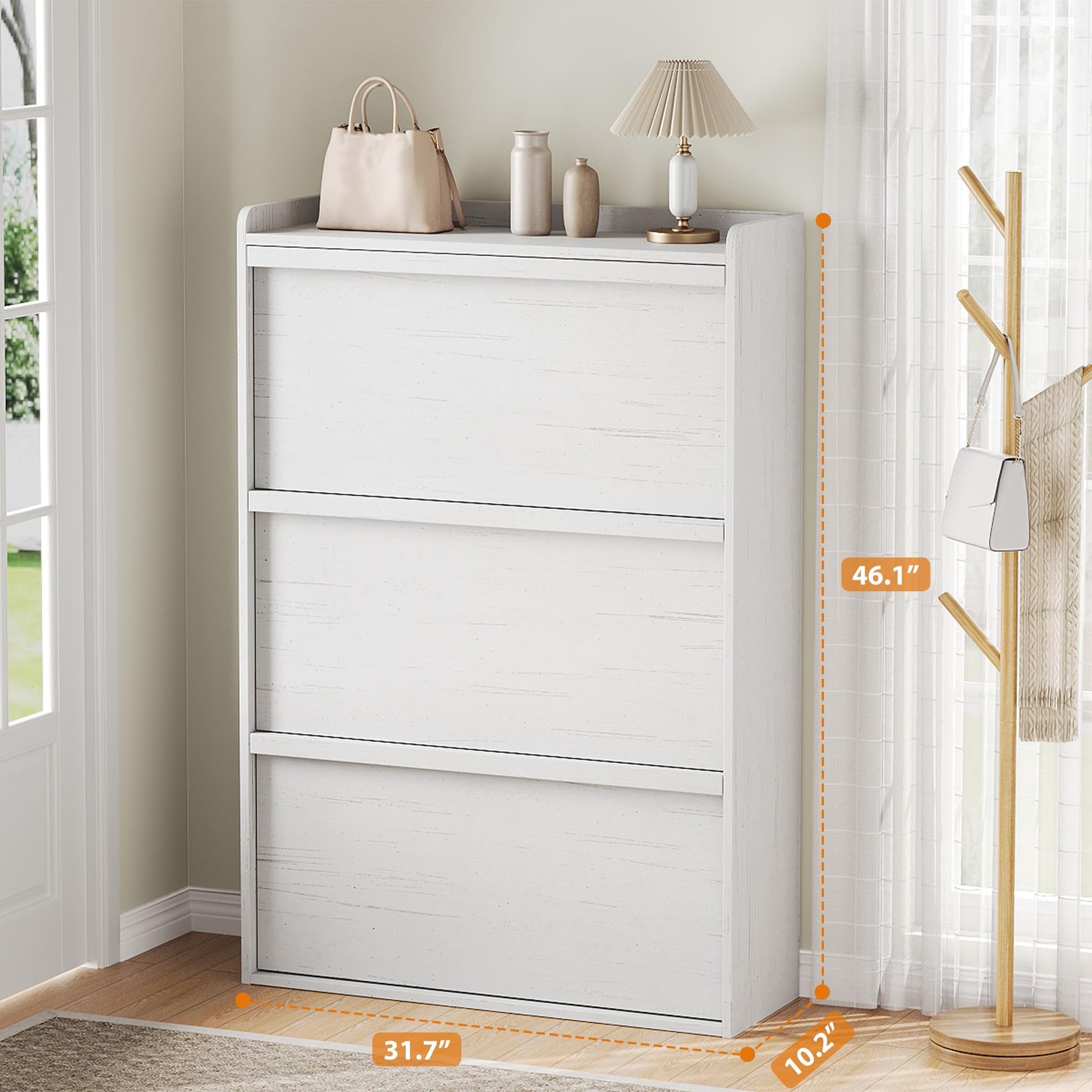 Meuble à chaussures Garvee avec 3 tiroirs abattants, étagère réglable, bois MDF, blanc, pour entrée et salon, gain de place, antidérapant, 80,5 cm x 25,9 cm x 117 cm