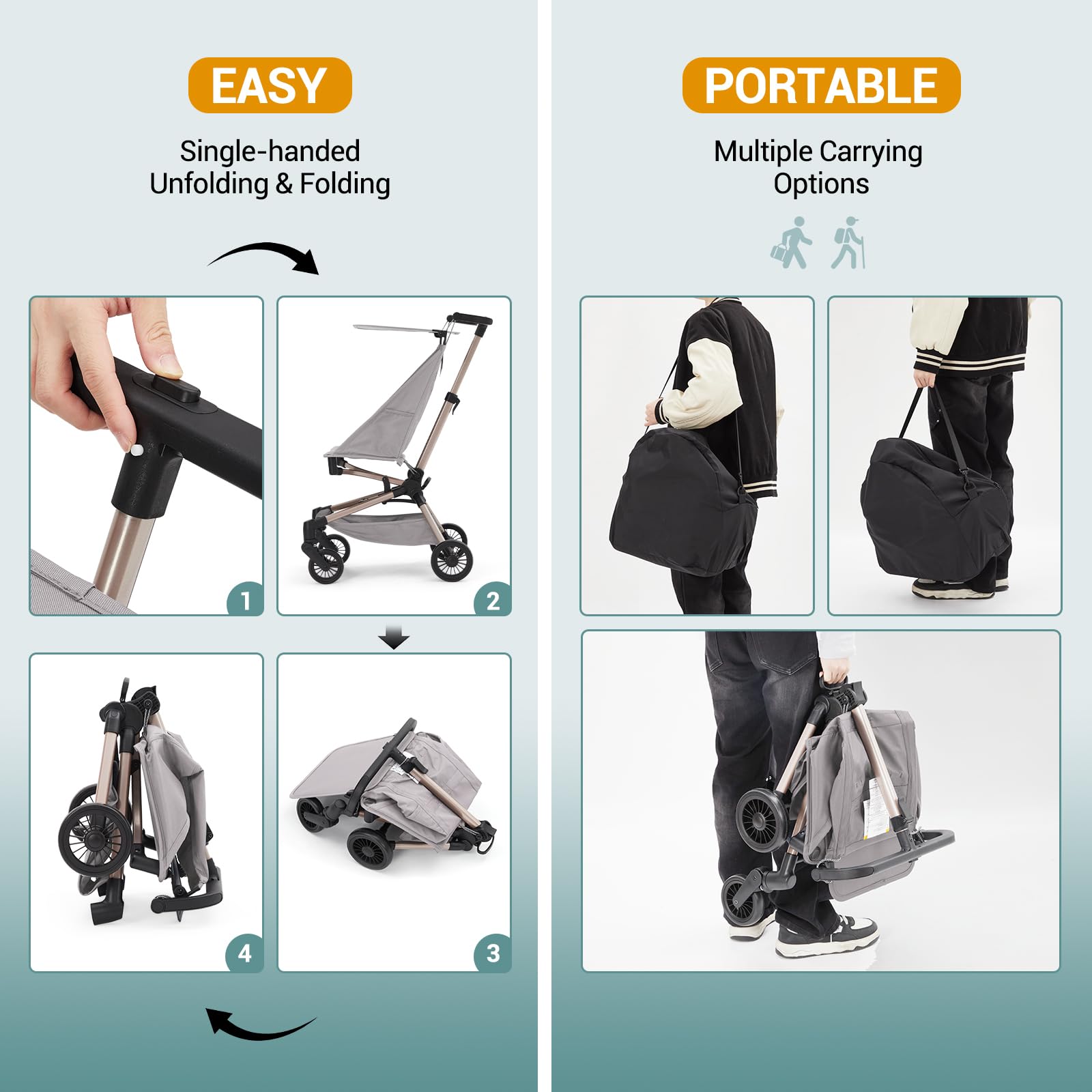 Poussette légère Garvee – Compacte et pliable avec nacelle, grise, 47 × 45 × 49 cm pour les voyages