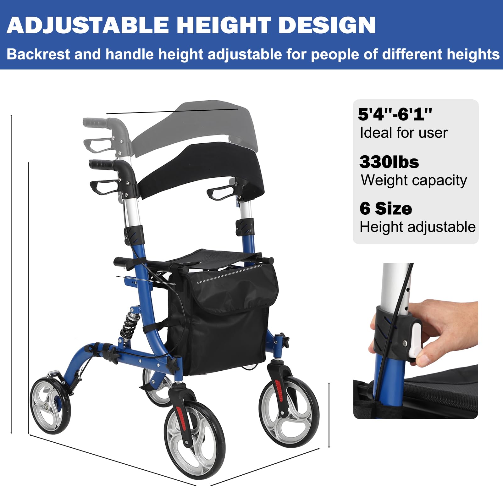 Garvee Déambulateur senior pliable en aluminium léger, roues 30 cm avec amortisseurs, siège rembourré, hauteur réglable, intérieur/extérieur, bleu et noir