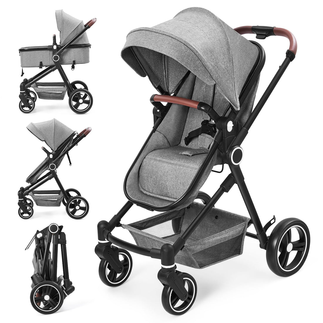 Garvee Poussette Bébé 2 en 1 S600, Assise Haute Vision, Système de Voyage Compact et Léger, Réversible, Pliable, Gris Clair
