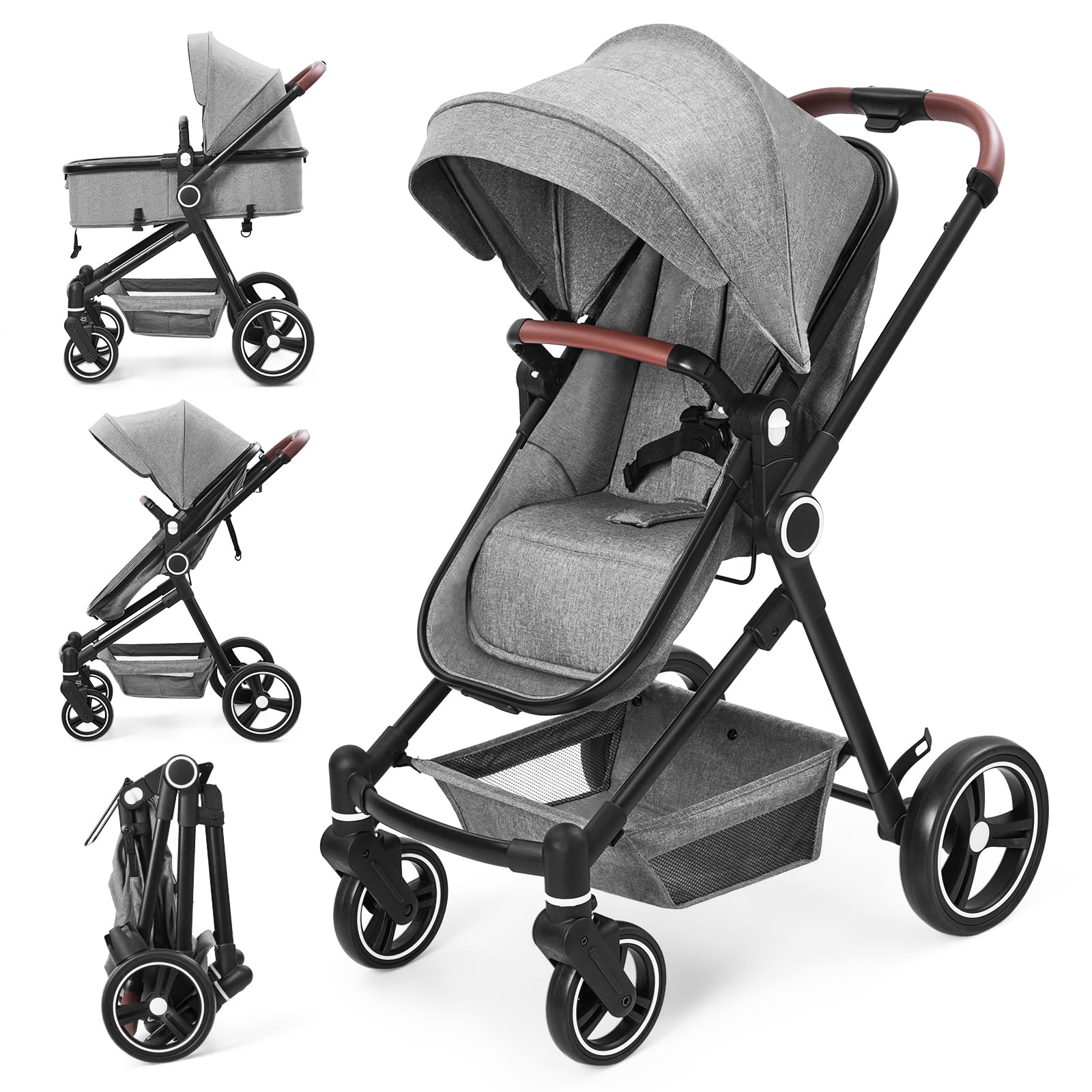 Garvee Poussette Bébé 2 en 1 S600, Assise Haute Vision, Système de Voyage Compact et Léger, Réversible, Pliable, Gris Clair