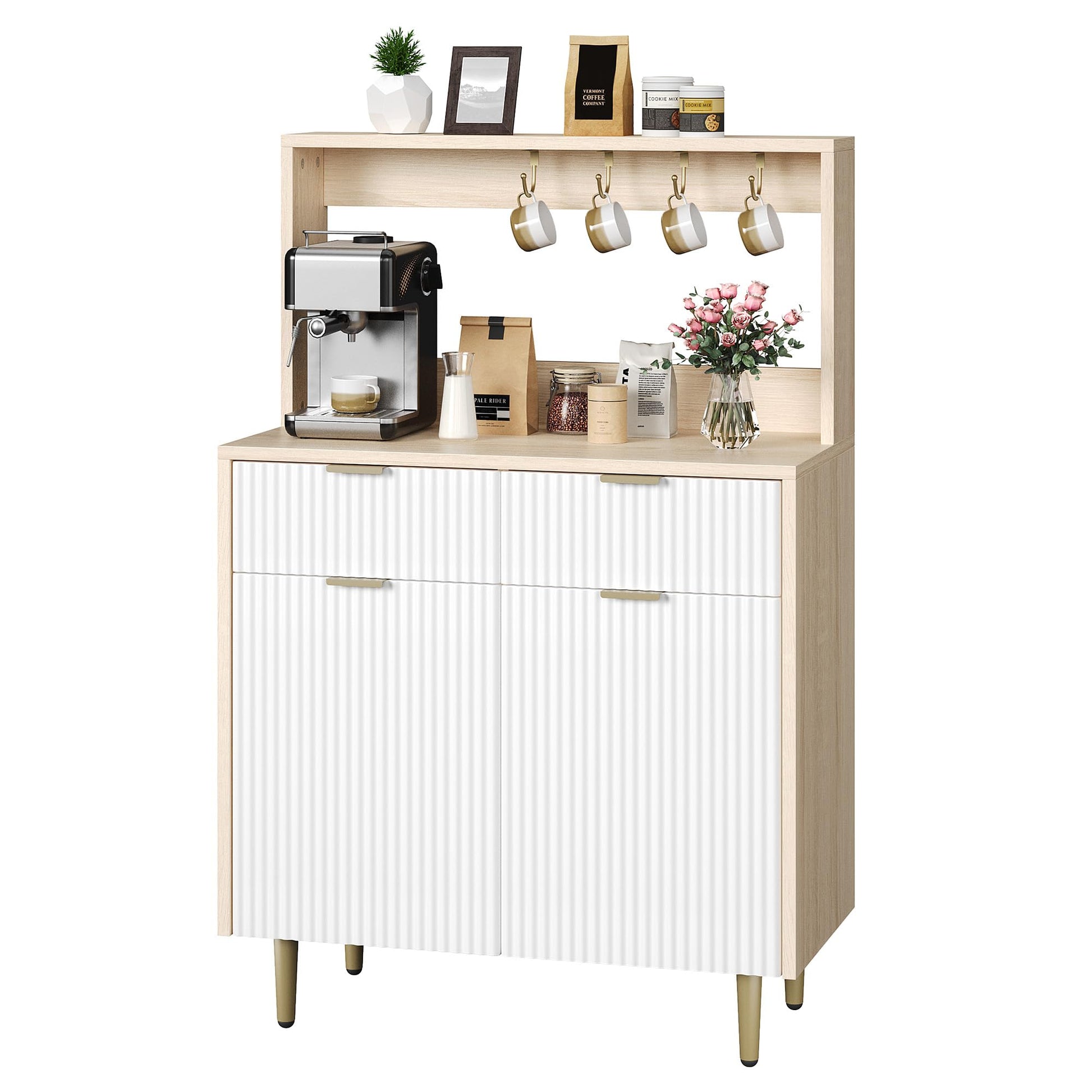 Buffet Garvee à motif ondulé élégant, avec étagères réglables, 2 tiroirs, pieds en métal et bois, style moderne pour salon et cuisine, système anti-basculement.