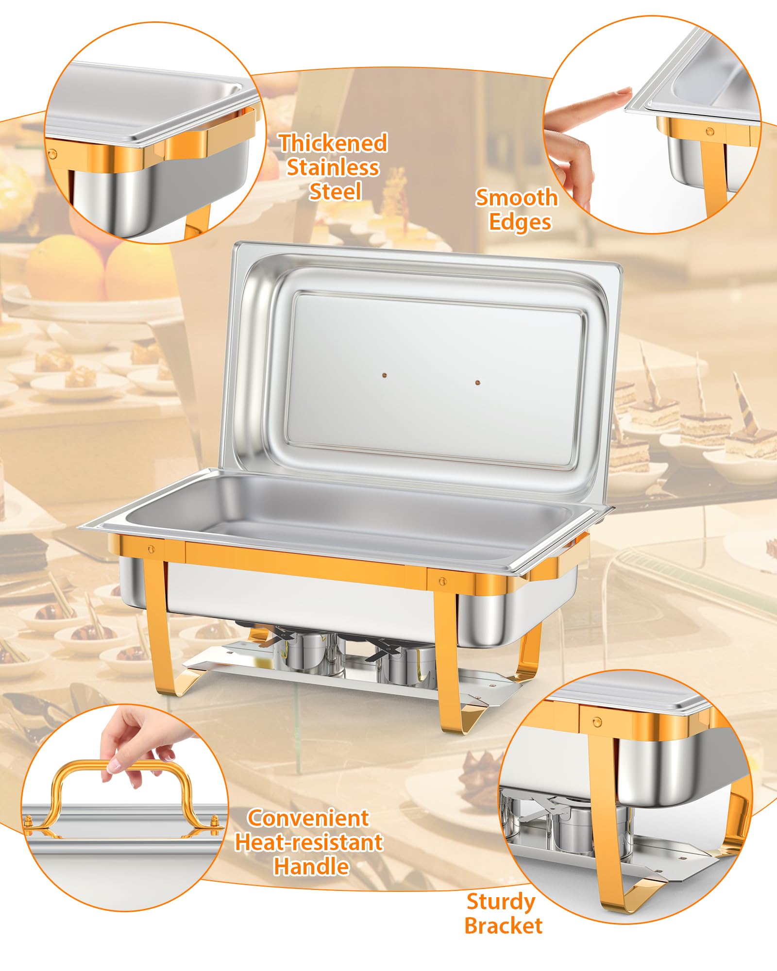 Garvee, ensemble de 6 plats chauffants rectangulaires de 8 L pour buffet, en acier inoxydable doré, pour réceptions et banquets.