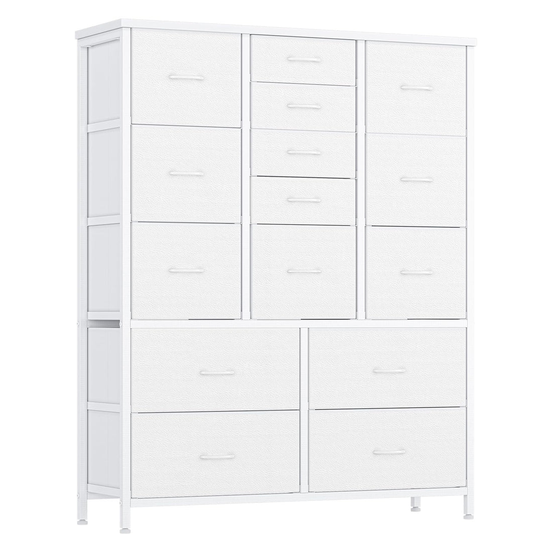 Commode Garvee à 15 tiroirs avec plateau en bois, structure en métal et tiroirs en tissu, idéale pour la chambre et l'entrée. Polyvalente et robuste, de couleur grise.