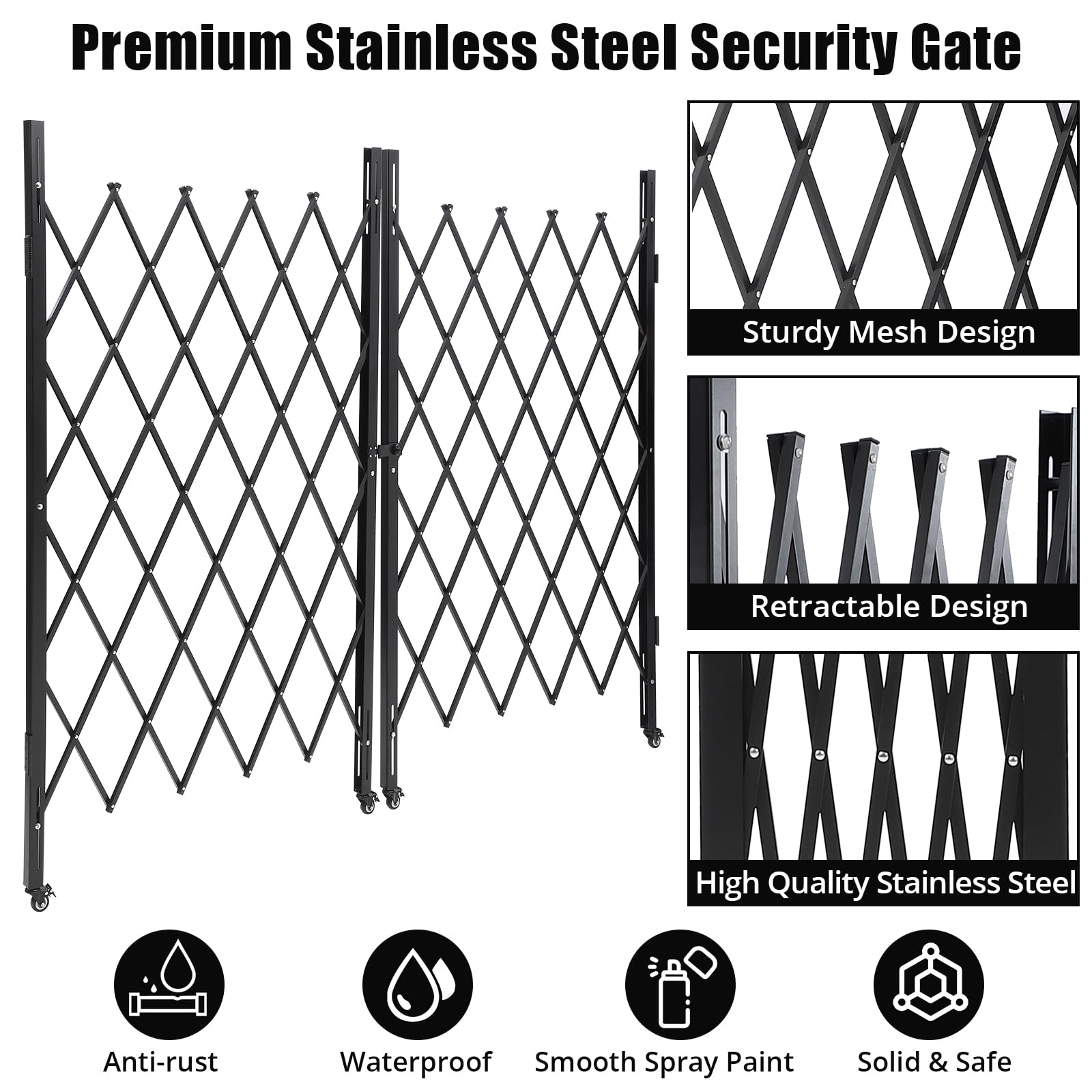 Portail de sécurité pliant à ciseaux Garvee en acier avec verrouillage à roulettes à 360° - Flexible et robuste - Pour usage domestique et industriel - Taille standard - Noir