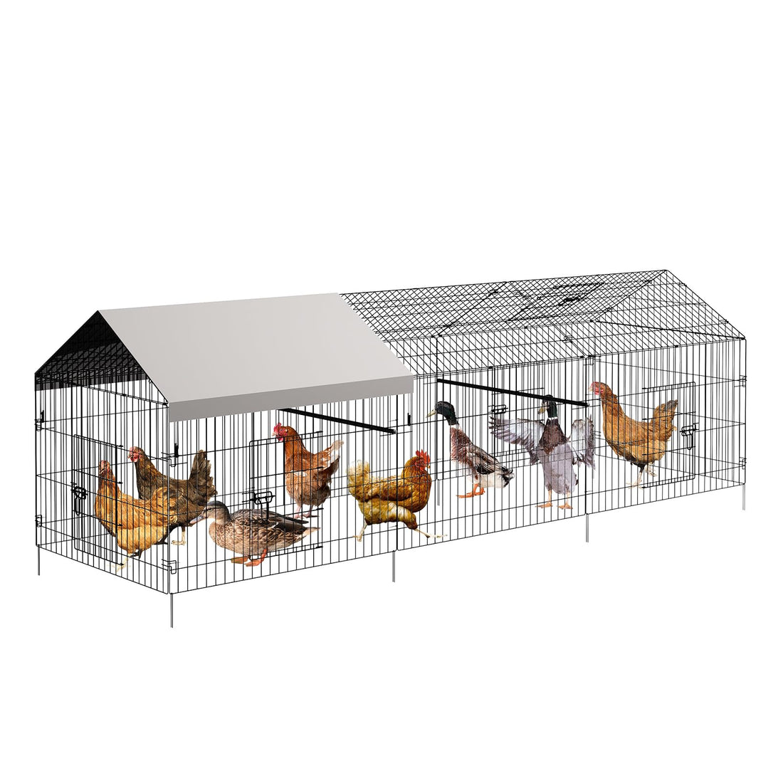 Poulailler Garvee 100x330x100cm – Acier galvanisé avec 3 compartiments et 4 portes pour poules et lapins